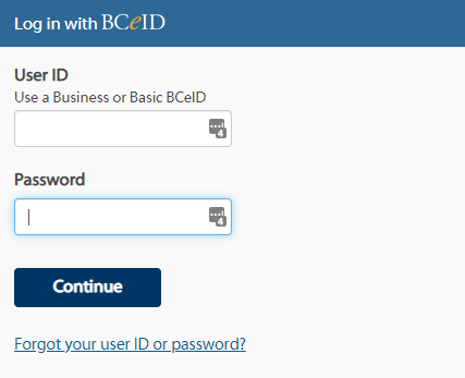 BCeID Login screen shot