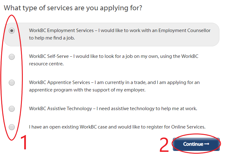 Service selection screen shot